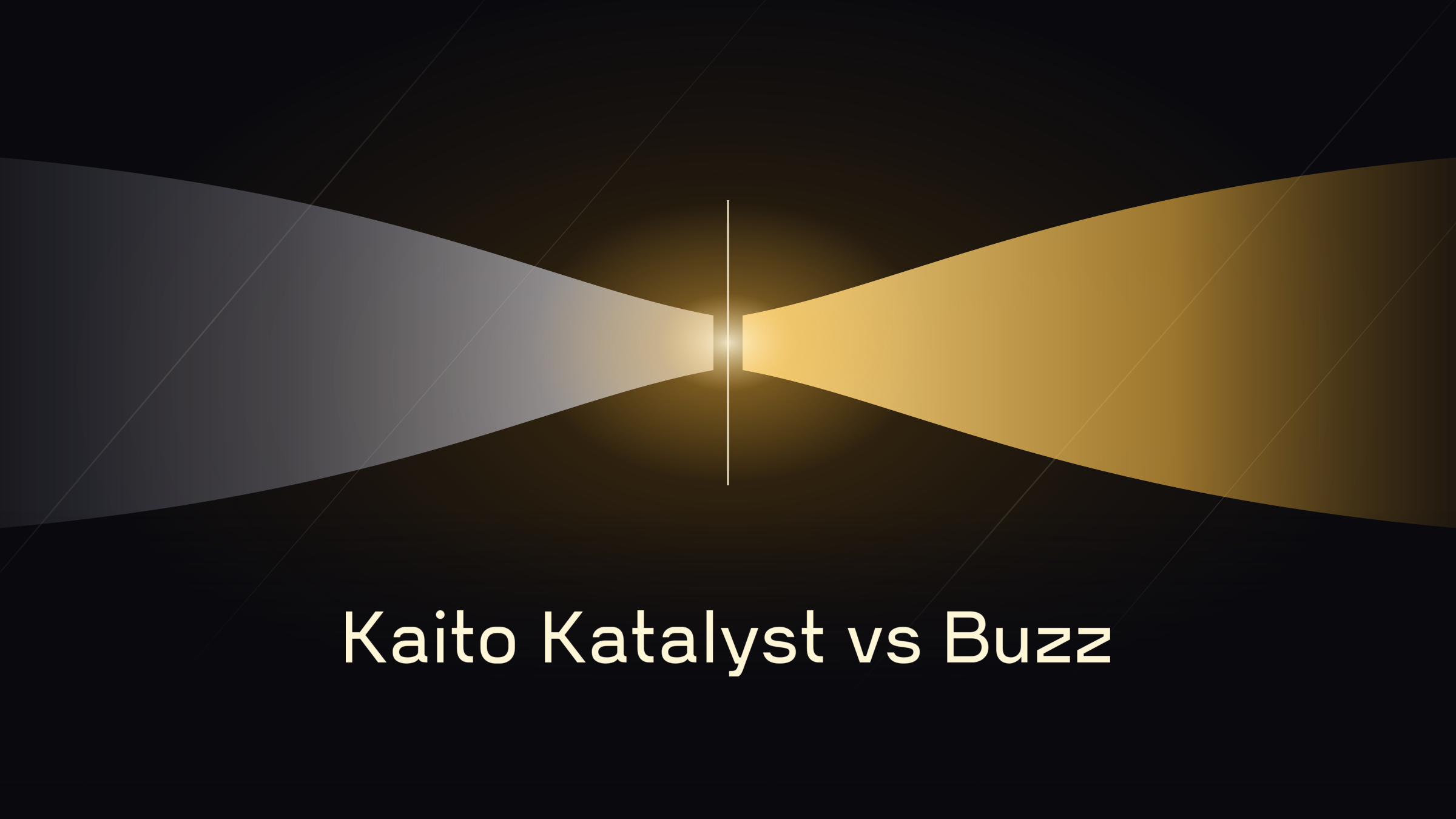 Abstract split banner for a comparison of Kaito Katalyst and ChainGPT Buzz.